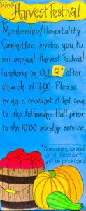 A colorful poster for the Harvest Festival luncheon invites attendees to bring a crockpot of hot soup before 10 a.m. and mentions beverages, bread, and dessert will be provided. Illustrations of apples and pumpkins decorate the bottom.