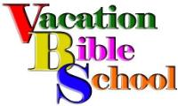 Colorful text reads "Vacation Bible School" with the first letters of each word (V, B, S) in larger red, yellow, and blue fonts, respectively, overlapping the rest of the text.